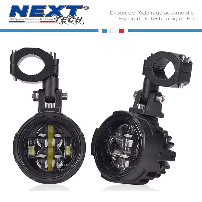 Feux LED moto double optique 12V 50W avec câbles et supports tubulaire